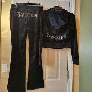 Juicy Couture Velour Black Tracksuit Aquarius Zodiac Set Hoodie & Pants Size S